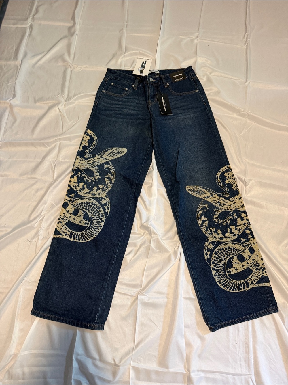 Ashley Mason Dark Blue Wide-Leg Jeans with Cream Snake Print